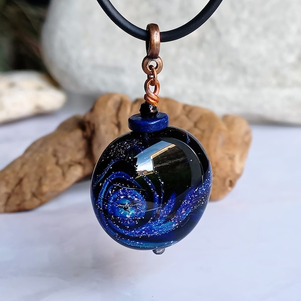 Round Pendant Necklace "Galaxy" Night Sky Stars and Spirals, Artisanal Lampwork Spun Glass Pendant, Murano Glass and Double Helix
