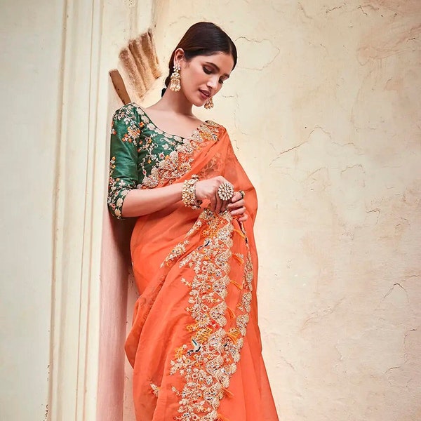 Soie organza orange douce avec travail de broderie Saree et chemisier pour femmes, Saree de mariage, robe Saree, Saree indien, Designer Saree