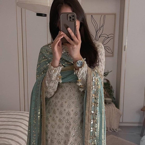 Faux Georgette geborduurd met volgorde Pakistaanse Salwar pak, Pakistaanse Salwar Kameez Dupatta jurk, trouwoutfit, vrijetijdskleding
