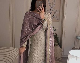 Faux Georgette bestickt mit Reihenfolge Pakistanische Salwar-Anzug, pakistanische Salwar Kameez Dupatta Kleid, Hochzeitsoutfit, Freizeitkleidung