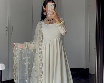 Floral White Anarkali Dress For Women, Full Flared In 12 MTR Dress With Dupatta Set, Indian Festival Outfit Full Stitched Anarkali Gown