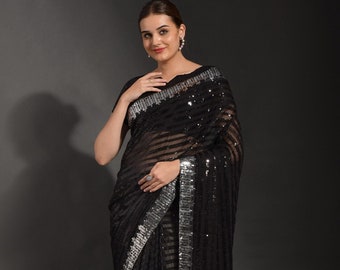 Black Heavy Georgette Sequence Saree Beautiful Party Wear Bollywood Saree Designer Sequin Embroidered Saree With Blouse