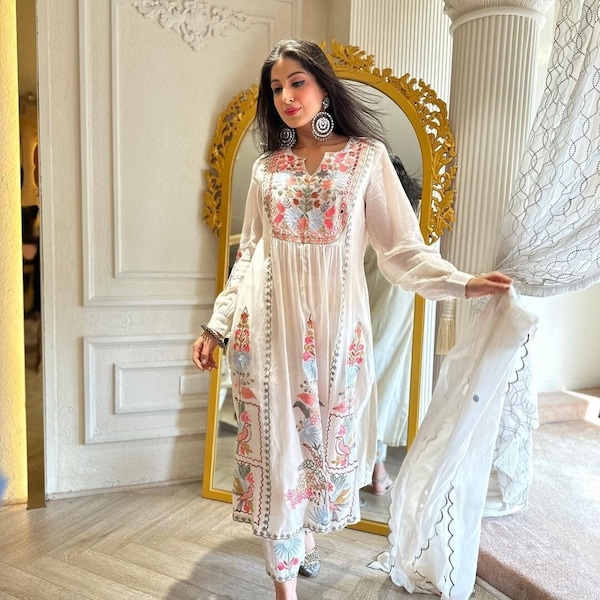 Beautiful White Indian Designer Embroidered Kurta with Real Mirror Work Straight Kurta Pant set & Dupatta, 3 Pcs Partywear Dress