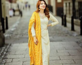 Pakistanischer Salwar-Anzug aus Faux Georgette mit Sequenz-Stickerei, Pakistanischer Salwar Kameez Dupatta Kleid, Hochzeitsoutfit, Freizeitkleidung