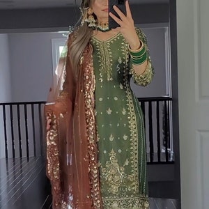 Green Salwar Kameez Readymade Party Wear, Straight Kurta With Pant & Dupatta, Pakistani Ready-Made Dress, Beautiful Dress for Women