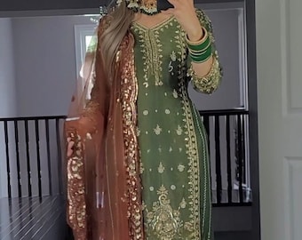 Green Salwar Kameez Readymade Party Wear, Straight Kurta With Pant & Dupatta, Pakistani Ready-Made Dress, Beautiful Dress for Women