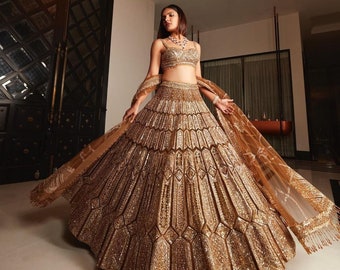 Malai Silk Lehenga met blouse en Dupatta set voor dames, Designer Lehenga set, Gouden Kleur Lehenga set