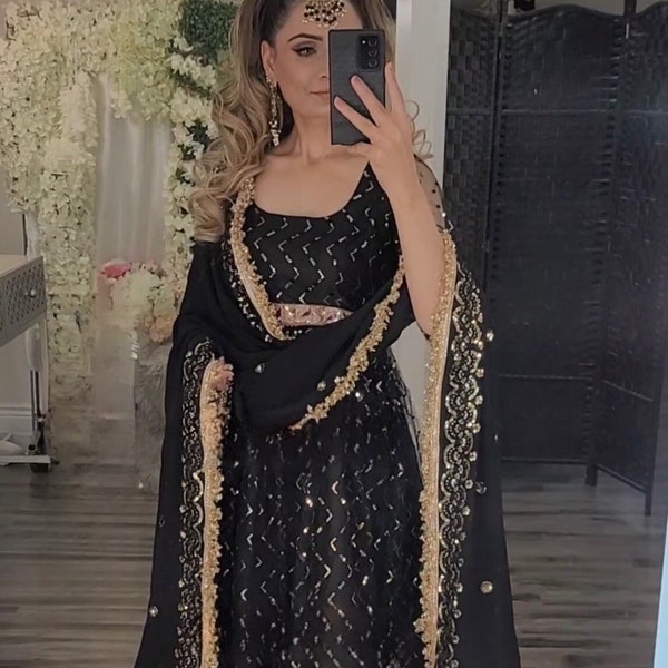 Georgette Embroidered Anarkali Dress for women, Pakistani Embroidered Georgette, Black Pakistani Anarkali Long Gown With Dupatta