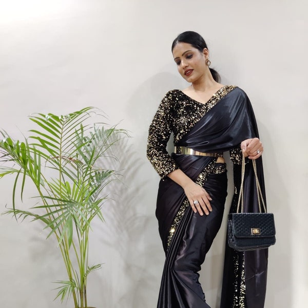 Beautiful Black Bollywood Saree, Casual Wear, Designer Saree For Women Sabyasachi Saree 1 Min Ready-To-Wear Saree Wedding Saree