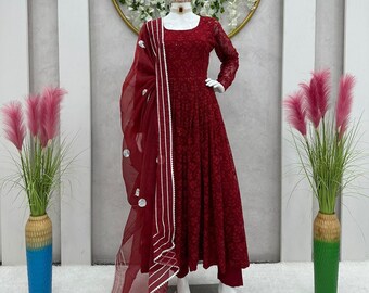 Charming Red Designer Gown With Dupatta Set, Georgette With Heavy Embroidery Sequence Work Gown For Chicken Work Kurta Set, Casual Wear