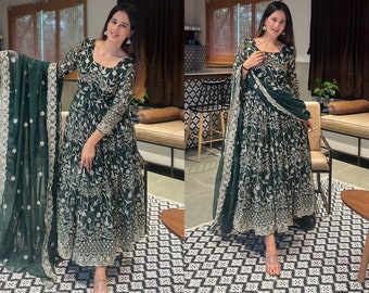 Pakistani Green Embroidered Designer Georgette Gown with Dupatta, Partywear Work Long Flared Anarkali Kurta 3 Pcs Readymade Set