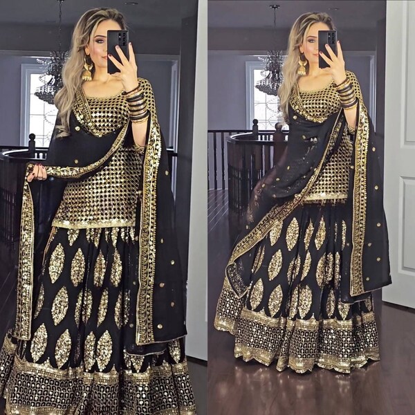 Muslim Black Designer Lehenga Choli, Lehenga Indian Outfits, Punjabi Suit EID Special Festival Clothing Shalwar Kameez. Readymade Partywear