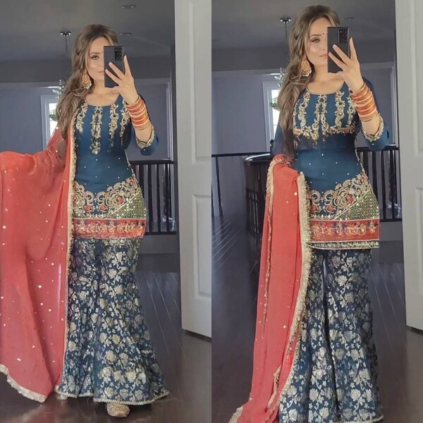 Blue Pakistani Kurta Lehenga Set, Beautiful Ready made Indian Dress Sparkling Sequin Work Georgette Fabric, Ethnic Wear 3 Pcs Set Women USA