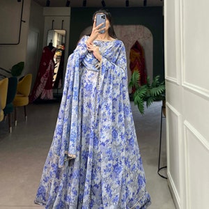 Designer Floral Blue Anarkali Dress for Women, Full Flared Anarkali with Pant Dupatta Set, Full Stitched Ready made Suit, Wedding Gown