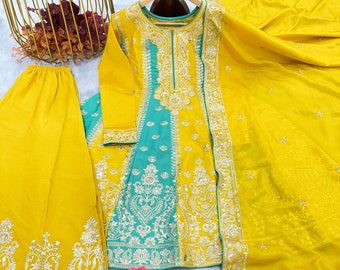 Salwar Kameez, tenue de soirée prête à l'emploi jaune, longue kurta Anarkali à sequins avec churidar, tenue indienne traditionnelle 3 pièces pour femme