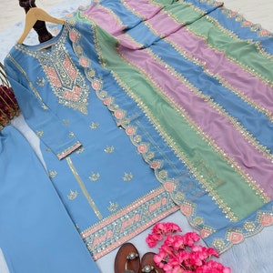 Blue Designer Readymade Party Wear Anarkali Gown, Sequin Anarkali Long Kurta with Churidar, 3 Pc Traditional Salwar Kameez Outfit for Women image 4