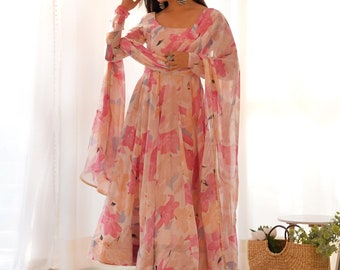 Designer Pink Anarkali Gown for Women, Full Flared Anarkali with Dupatta Set, Wedding Gown & Dupatta, Indian Traditional Wear for Summer