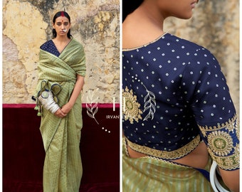Mintgroene organza zijden sari met marineblauwe contrastblouse met borduurwerk voor dames, trouwkleding, vrijetijdskleding