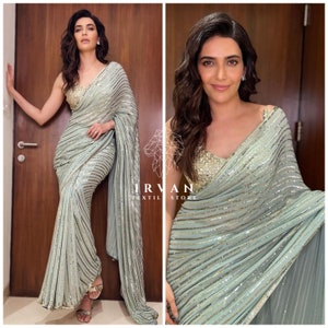 Pista Color Bollywood Celebrity Inspired Sequins Work Saree, Wedding Wear Saree, Party Wear Saree, Bollywood Saree, Saree For Women