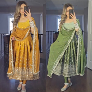 Robe longue de créateur en Anarkali pour femme, ensemble Anarkali évasé avec dupatta, robe de soirée de mariage et dupatta, vêtement traditionnel indien