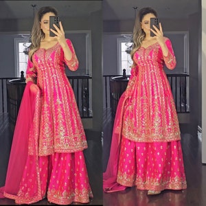 Designer Pink Punjabi Suit, Women Salwar Kameez, Indian Readymade, Georgette Fabric, Pakistani Designer Ethnic Wear Kurta For Women