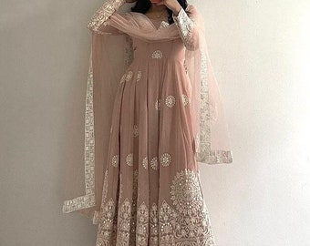 Pink Georgette Anarkali Suit for Women, Georgette Embroidered Heavy Work, Partywear Long Flared Women Gown with Pant for Women