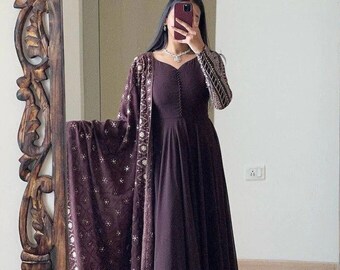 Beautiful Dark Purple Long Gown with Dupatta Set, Embroidery with Sequence Work, Wedding Gown, Partywear 2 Pcs Dress for Women