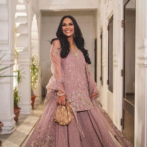 Pink Sharara Set With Dupatta, Designer Georgette 3 Piece Salwar Kameez For Wedding, Pakistani Ready-Made Dress, Beautiful Partywear Kurta