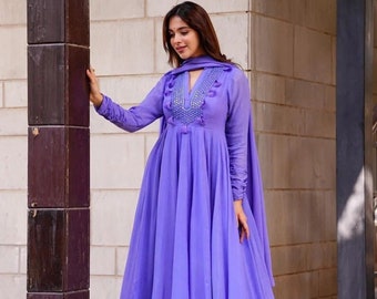 Purple Heavy Faux Georgette Gown with Dupatta for Women, Indian Traditional Gown with Sequence and Embroidery Gown, Wedding Wear Gown