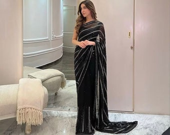 Black Heavy Georgette Sequence Saree Beautiful Party Wear Bollywood Saree Designer Sequin Embroidered Saree With Blouse