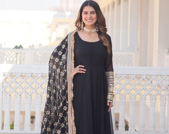 Designer Black Embroidered Floral Gown, Indian Festival Wear Outfit, Indian Anarkali Gown Fully Stitched With Dupatta Set, Casual Wear