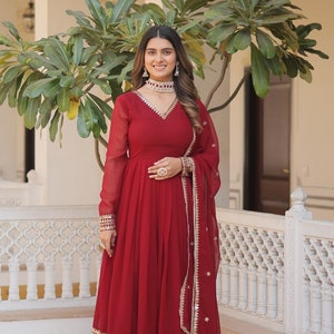 Indian Red Embroidered Flared Long Gown With Dupatta, Traditional Party Wear, Beautiful Ruffled Maxi Outfit For USA Women, Casual Wear image 1
