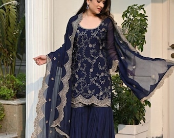 Georgette with Sequence Embroidery Palazzo Set and Sharara Suit for Formal Function Gift for Birthday Dress