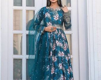 Designer Blue Chinon Gown with Dupatta set, Embroidery and Sequence Work, Readymade Indian Long Flared Gown & Dupatta Set, Eid Collection