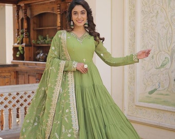 Designer Green Faux Georgette Gown With Dupatta Set, Embroidered Work Indian Festival Ready To Wear Long Full Flared Gown, Casual Wear