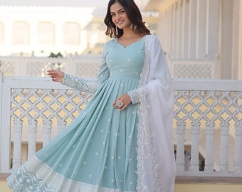 Sky Blue Wedding & Reception Party Wear Beautiful Long Gown For Women, Traditional Gown With Embroidery and Sequence Work, Casual Wear