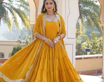 Designer Indian Anarkali Dress for Women, Full Flared Long Anarkali with Pant Dupatta Set, Wedding Straight Gown & Dupatta, Traditional Wear