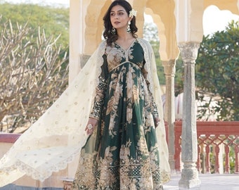 Designer Floral Green Anarkali Kleid für Frauen, voll ausgestelltes Anarkali mit Dupatta Set, Hochzeitskleid & Dupatta, traditionelle indische Kleidung