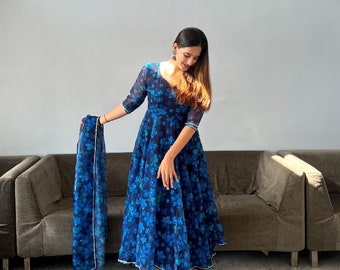 Indian Blue Dress for Women, Floral Printed Georgette Anarkali Gown, Heart Neck Fancy Gown, Pant Fully Stitched with Gown, Festive Wear