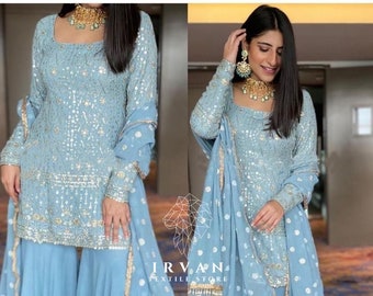 Ensemble Sharara avec Dupatta, Designer Georgette 3 pièces Salwar Kameez pour mariage, robe prête à l'emploi pakistanaise, magnifique tenue de fête Blue Kurta