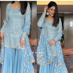 Sharara Set with Dupatta, Designer Georgette 3 Piece Salwar Kameez for Wedding, Pakistani Ready-Made Dress, Beautiful Partywear Blue Kurta