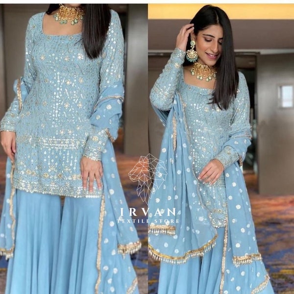 Set Sharara con Dupatta, Designer Georgette 3 pezzi Salwar Kameez per matrimonio, abito pronto pakistano, bellissimo abbigliamento da festa Blue Kurta