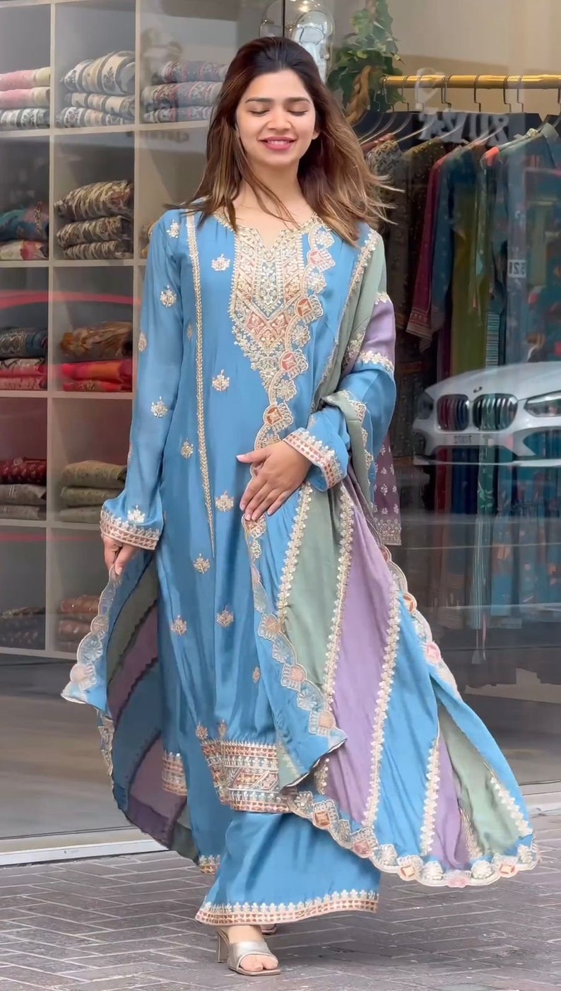 Blue Designer Readymade Party Wear Anarkali Gown, Sequin Anarkali Long Kurta with Churidar, 3 Pc Traditional Salwar Kameez Outfit for Women image 3