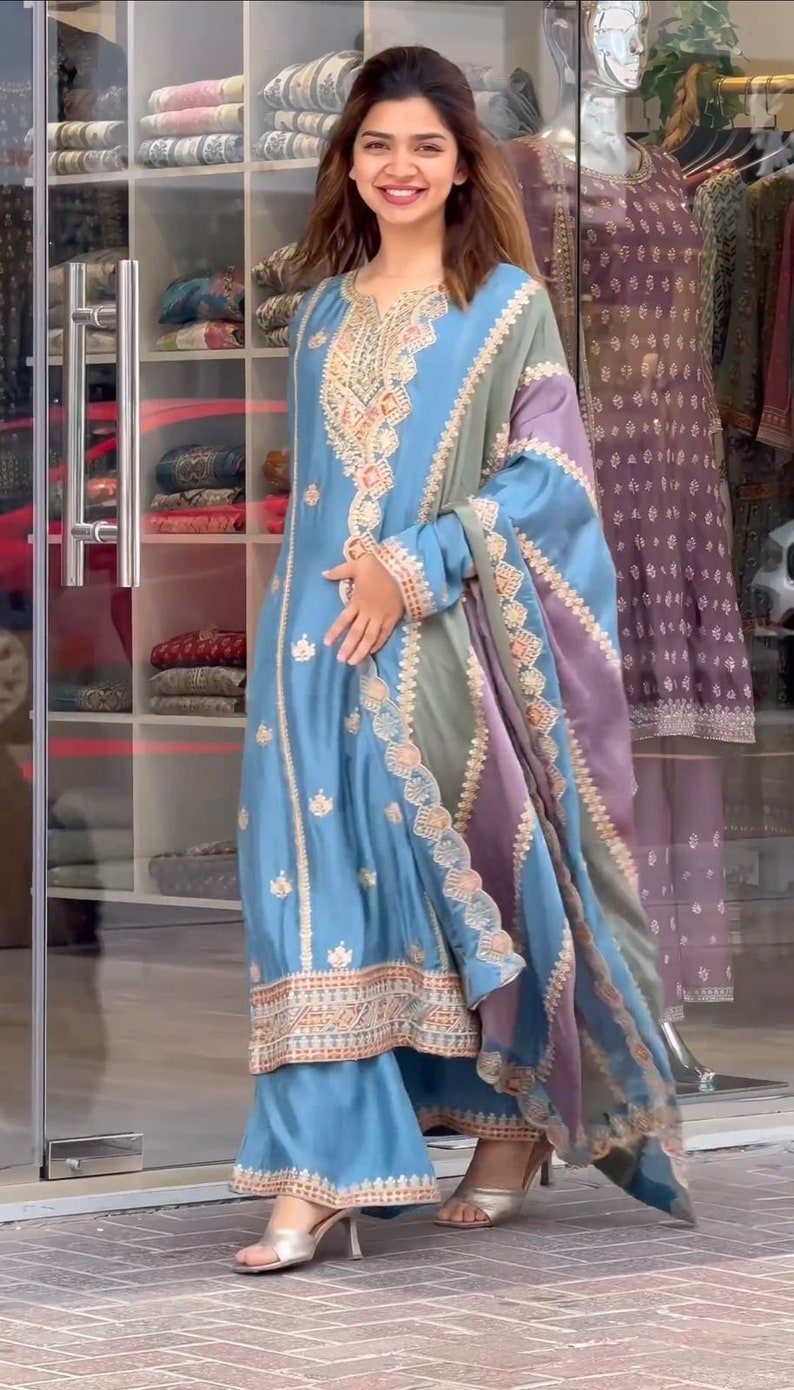 Blue Designer Readymade Party Wear Anarkali Gown, Sequin Anarkali Long Kurta with Churidar, 3 Pc Traditional Salwar Kameez Outfit for Women image 1