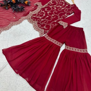 Red Palazzo Suit with Sharara Suit, Georgette with Sequence Embroidery Work, Beautiful Cut for Neck and Lovely Dupatta for Girls Wear image 5