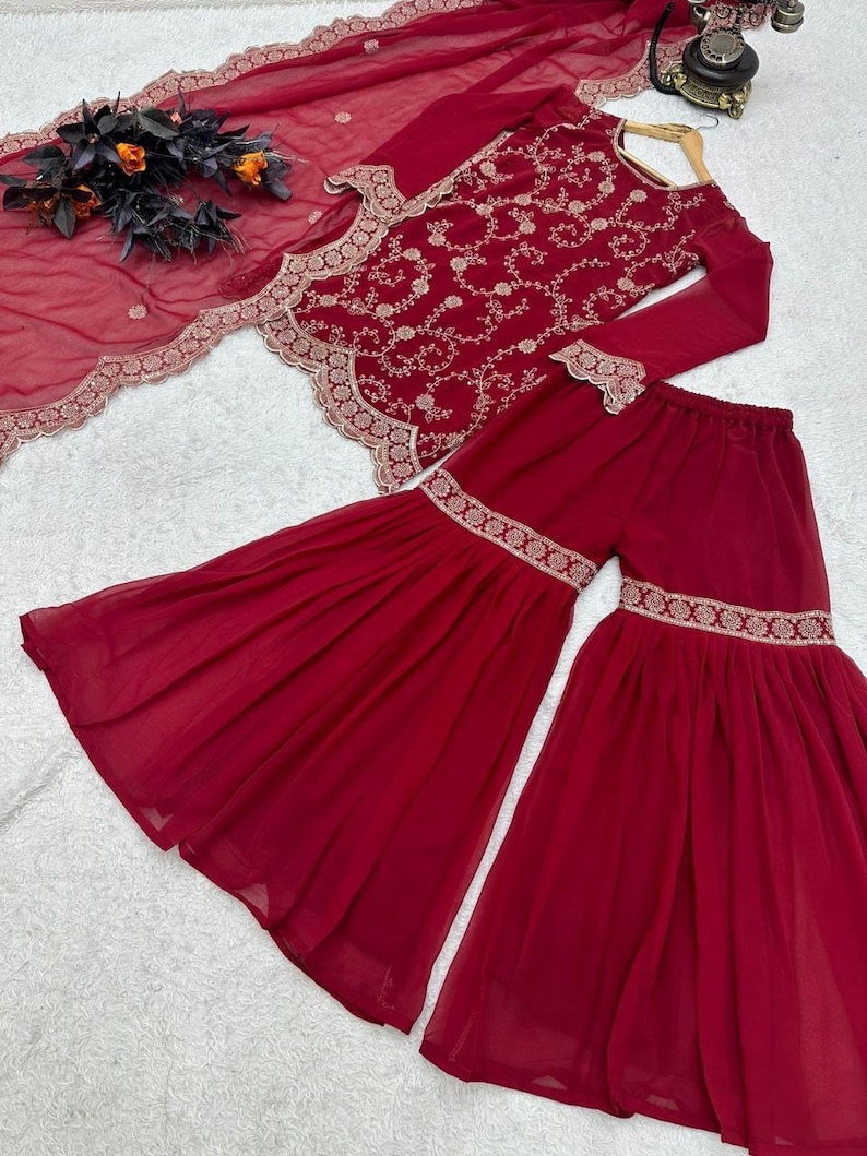 Red Palazzo Suit with Sharara Suit, Georgette with Sequence Embroidery Work, Beautiful Cut for Neck and Lovely Dupatta for Girls Wear image 5