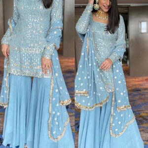 Sharara Set with Dupatta, Designer Georgette 3 Piece Salwar Kameez for Wedding, Pakistani Ready-Made Dress, Beautiful Partywear Blue Kurta image 5