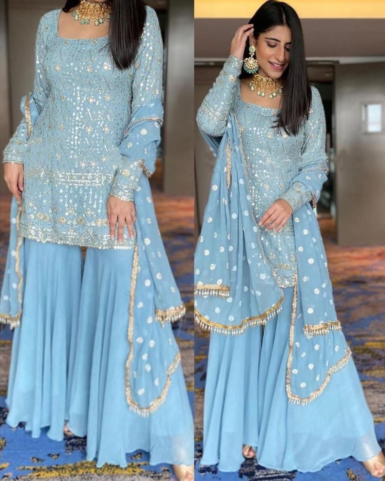 Ensemble Sharara avec Dupatta, Designer Georgette 3 pièces Salwar Kameez pour mariage, robe prête à l'emploi pakistanaise, magnifique tenue de fête Blue Kurta image 5
