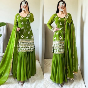 Beautiful Green Faux Georgette Kurti with Sharara and Dupatta set for women, Embroidery and Sequence work Sharara set, Wedding wear Sharara