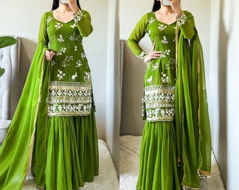 Beautiful Green Faux Georgette Kurti with Sharara and Dupatta set for women, Embroidery and Sequence work Sharara set, Wedding wear Sharara